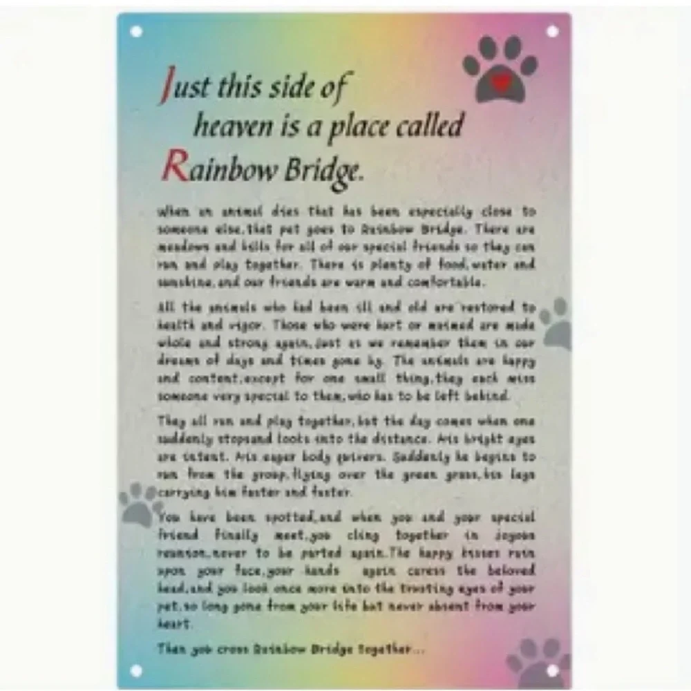Rainbow colored metal tin sign with “Rainbow Bridge” poem for pet loss sympathy